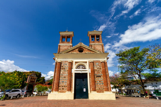 Santa Fe de Antioquia, Colombia - January 15, 2023: Facade of Our Lady of Chiquinquira church