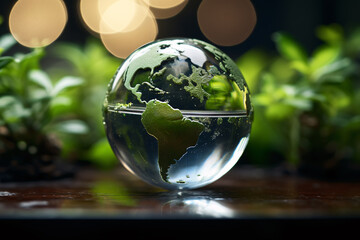 Crystal globe, symbol of the earth and plants represent the environment. Nature and the planet.