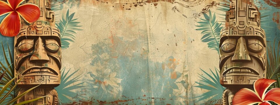 Luau Personalize, Fill in the Blank, Tiki design Template Illustration and backgrounds for party and celebration printed invitations, posters, flyers, tropical, flowers, Hawaii, paradise, vacation