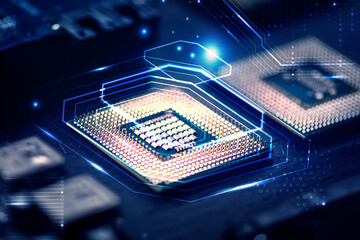 Smart microchip background on a motherboard closeup technology remix - obrazy, fototapety, plakaty