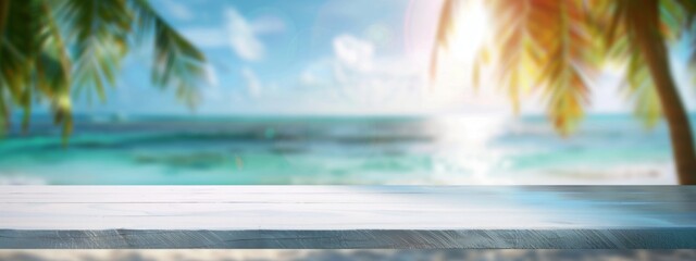 Fototapeta na wymiar Summer beach background. Empty white table top in front, close-up, blurred tropical resort background. Vacation paradise banner with empty space for advertising product. Blank shelf generated by AI