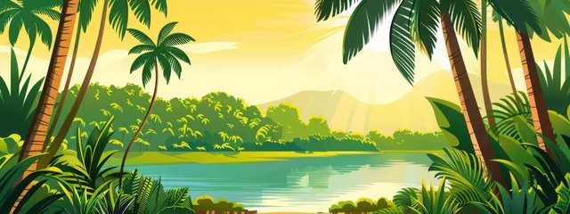 Schilderijen op glas jungle forests, tropical forest background. Amazon forest landscapes, African or Brazilian jungle vector background, wallpaper with palm trees, simple vector illustration © JovialFox