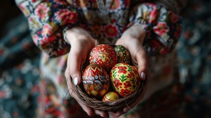 Happy Easter. Woman Hands holding basket with hand made decorated Easter eggs.Spring decoration background. Festive tradition for Eastern European countries.Holiday Still life photo.Home made creation