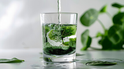 Fototapeta premium Chlorophyll extract is poured in pure water in glass against a white grey background with green leaf. Liquid chlorophyll in a glass of water. Concept of superfood, healthy eating, detox and diet