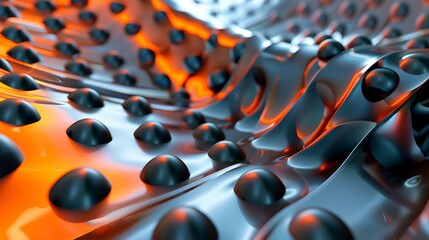 3D rendering of a bumpy metal surface with a glossy finish. The surface is lit by a warm light, which creates a sense of depth and dimension.
