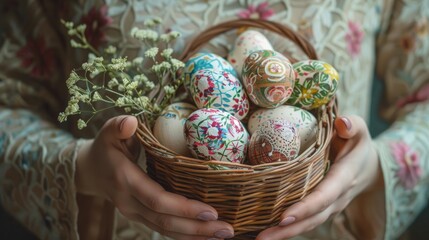 Happy Easter. Woman Hands holding basket with hand made decorated Easter eggs.Spring decoration background. Festive tradition for Eastern European countries.Holiday Still life photo.Home made creation - obrazy, fototapety, plakaty