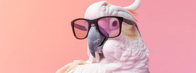 Naklejka premium Cute white cockatoo parrot wearing sunglasses. Domestic pet bird, Australian animal. Solid pink pastel background. Tropical summer vacation concept, web banner. Funny birthday party card, invitation. 