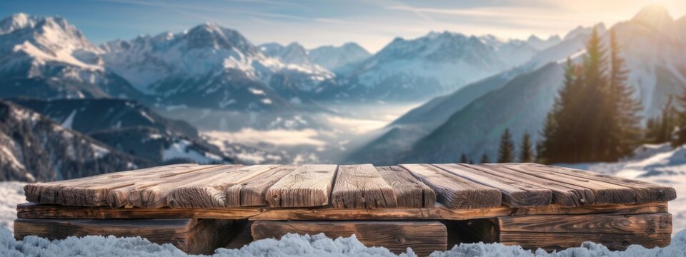 Empty Blank Rustic Old Wooden Podium Platform Stand with Snow Capped Mountains View Snowy Nature Background National Park Landscape Backdrop Outdoors Mockup Product Display Showcase Montage Natural