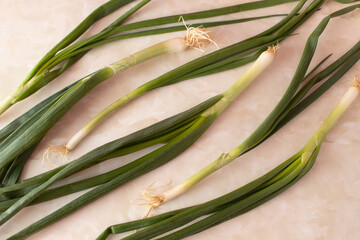 Creative arrangement with organic spring onion on marble kitchen table. Healthy food concept