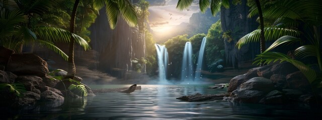 waterfall in the mountains, Abstract background with jungle and waterfall lake or river palms and high trees lush greenery bushes tropical plants Summer wallpaper Horizontal illustration for banner de
