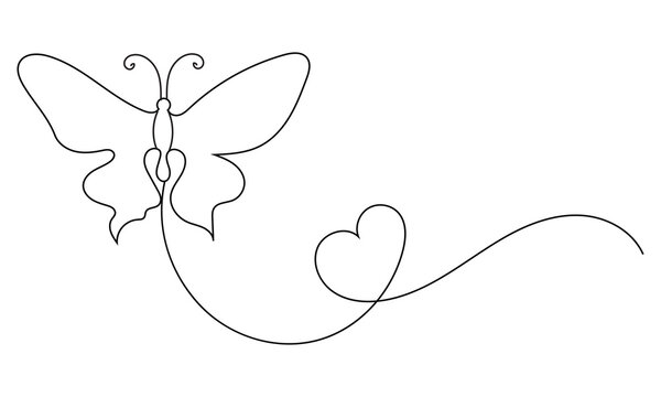 Butterfly in One continuous line drawing. Beautiful flying moth for wellbeing beauty or spa salon logo and divider concept in simple linear style. Editable stroke. Isolated on white background