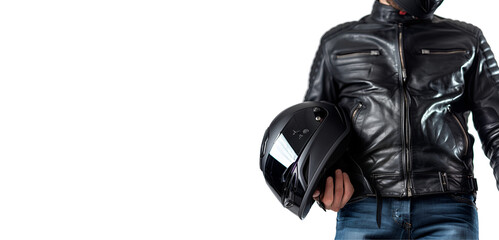 Fototapeta na wymiar Motorcyclist providing copy space, holding helmet in close-up, Isolated on Transparent Background, PNG