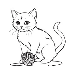 Beautiful hand-drawn vector illustration of funny cat playing with a ball of thread on a white background for coloring book for children