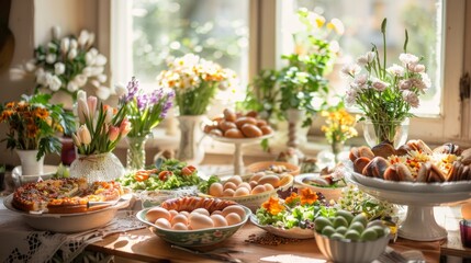 Home interior with easter decor. Spring flowers in a vases. Traditional Easter dishes with white borscht, sausage, eggs, salad and cakes on festive table in Poland 