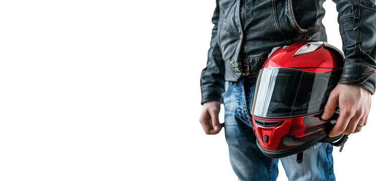 Motorcyclist in close-up holding motorcycle helmet with copy space, Isolated on Transparent Background, PNG