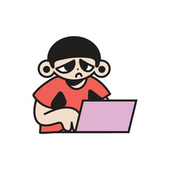 Tired and bored man looking at his computer Vector