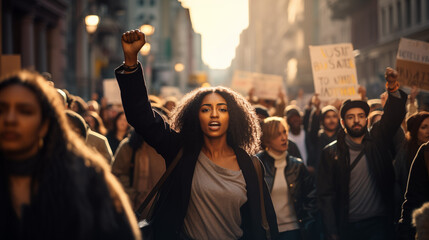 Empowered Woman Raising Fist in Solidarity at Protest - obrazy, fototapety, plakaty