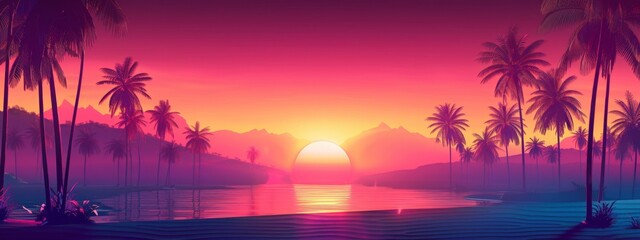 Fototapeta na wymiar Palm background 80 s, 90 s style. Landscape of sunset. Image of old, retro, vintage style. 