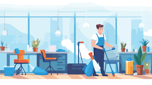 Man cleaning workplace using cleaners flat cartoon