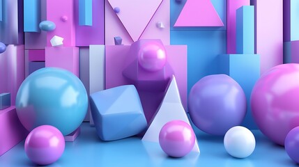 3D rendering of geometric shapes. Pink, blue and purple spheres, cubes, and pyramids on a blue background.