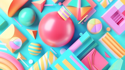 This is a 3D rendering of a colorful geometric background. There are various shapes and colors,...