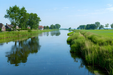 Fototapeta na wymiar Serene Waterscape: Majestic View of Ijssel River Flowing through Dutch Countryside