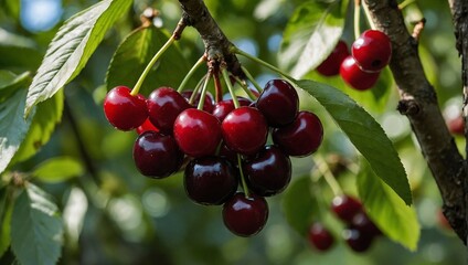 Obraz premium Ripe cherries standing on the branch of the tree