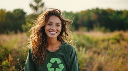 Portrait of smiling woman with green recycling sign on a shirt over natural background. Eco living.  Environmental protection and sustainability concept. Green planet concept.
