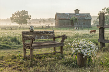 Fototapeta premium Serene farm scene with a wooden bench, flowers, and grazing horses at sunrise