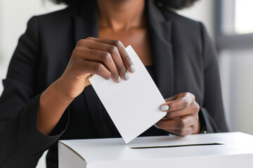 Woman hand wearing black suit putting ballot into voting box. Politics, democracy, freedom, elections concept. Generative AI