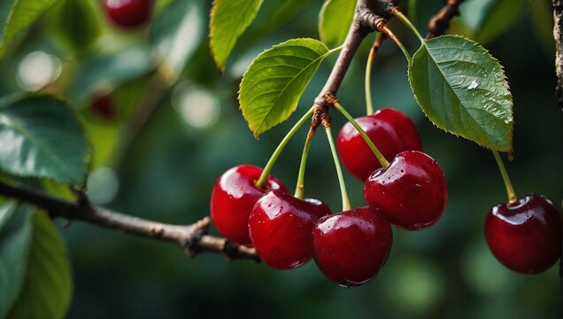 Ripe cherries standing on the branch of the tree