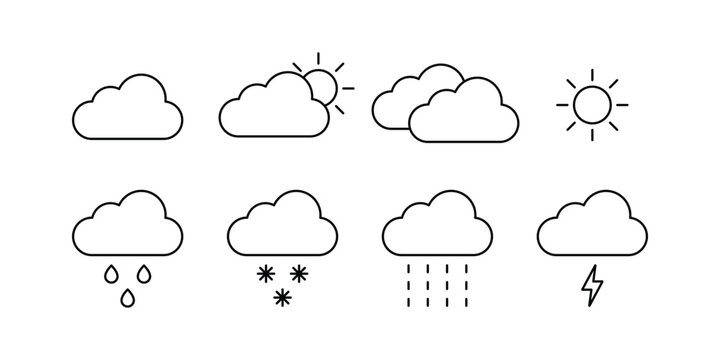Weather icons set, outline climate symbols, meteorology icons