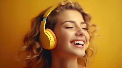 Happy high school teenage girl student listening to music with headphones. Generation z