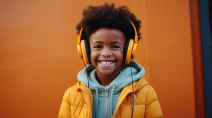 Happy african american high school teenage boy student listening to music with headphones. child with afro hairstyle