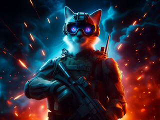 Anthropomorphic Siamese cat as a soldier, cute animal portrait for a kitty with a gun, background is fire, smoke and blast, Wall Art Design for Home Decor, wallpaper for cellphone, desktop, laptop