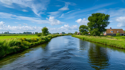 Serene Waterscape: Majestic View of Ijssel River Flowing through Dutch Countryside