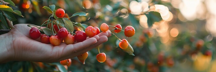 Hand holding fresh sweet cherries on blurred background with ample copy space for text placement - obrazy, fototapety, plakaty