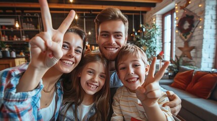Self-portrait selfie of cheerful excited glad ecstatic family small little brother sister son daughter festive event party joy showing v-sign peace victory morning day in loft industrial interior
 - obrazy, fototapety, plakaty