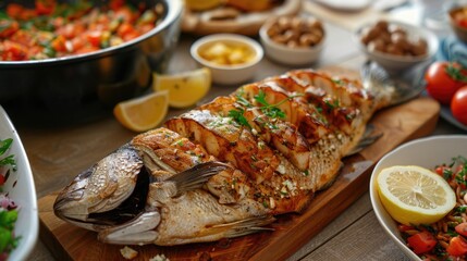Preparing a variety of fish dishes for Saint Joseph's Day feast, showcasing Mediterranean cuisine...