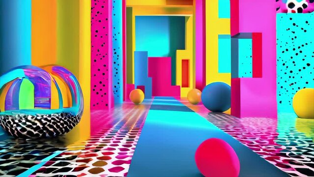 A colorful room with a long hallway filled with colorful balls and blocks. The room is bright and lively, with a sense of fun and playfulness
