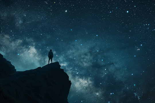 person standing on a cliff, looking at a smoky deep blue nebula in the star filled sky 