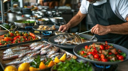 Obraz premium Preparing a variety of fish dishes for Saint Joseph's Day feast, showcasing Mediterranean cuisine traditions