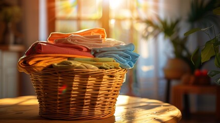 Neatly folded colorful towels in a wicker basket with a bright home interior background