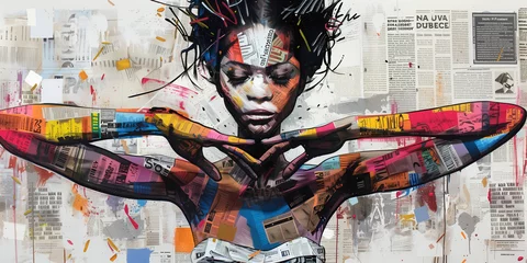 Fotobehang Graffiti, collage of grunge newspapers and multicolored painting splash, illustration of an African woman meditating in peace and tranquility, urban graphic artwork, street art, mixed media © mozZz