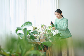 観葉植物の世話をする20代女性