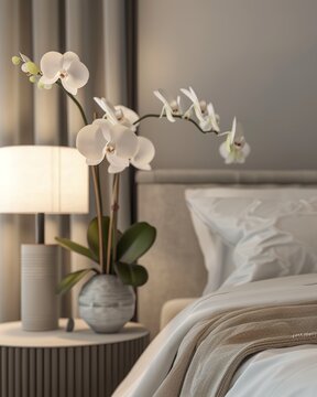 Contemporary Bedroom with Elegant Orchids on Solid Light Grey Background. Generative AI.