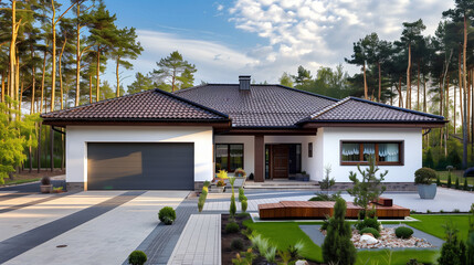 Modern white house exterior with garage for real estate