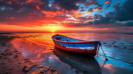 A boat is sitting on the shore at sunset, AI