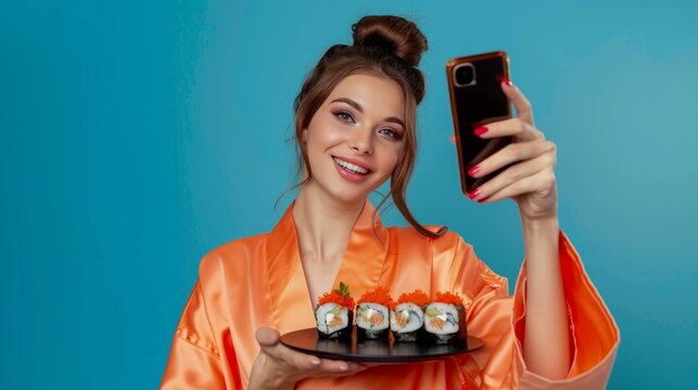 Young woman wear orange casual clothes do selfie shot mobile cell phone hold eat raw fresh philadelphia sushi roll served on black plate Japanese food isolated on plain blue background studio portrait