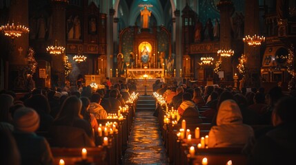Naklejka premium Quaint church interior during Saint Joseph's Day service, congregation holding candles, statue of Saint Joseph displayed